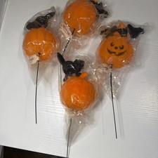 HALLOWEEN CRAFT FLORAL PICK FLOCKED PLASTIC BLOW Mold JACK-O-LANTERN Lot 4 VTG picture