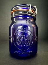 VTG Cobalt Blue Glass Canister Qt Jar Wire Bail Lid Italy Crownford China Co picture