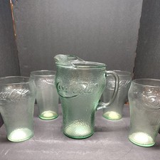 Vintage Indiana Glass Coke Coca Cola Green Pebbled Pitcher & 4 Glass Set Lot picture