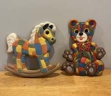 Vintage 1979 Foam Craft Nursery Teddy Bear And Rocking Horse Wall Hanging picture