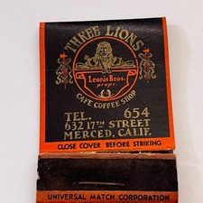 Three Lions Cafe Leonis Bros Merced California Vintage Matchbook Cover TB8-MB3-5 picture