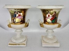 Antique Pair Old Paris Porcelain Mantel Urns Vases French Empire Vieux Paris 10