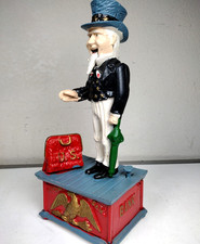 Vintage Uncle Sam Cast Iron Mechanical Coin Bank Repro Metal Toy Working 11