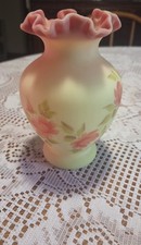 Vintage Fenton Uranium Custard Glass Pink Ruffle Hand Painted Flowers 7