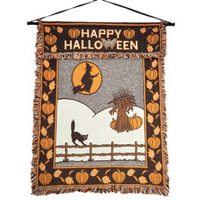 Vtg MWW 1991 Happy Halloween Tapestry Wall Hanging Witch Cat Pumpkins 26” X 29” picture