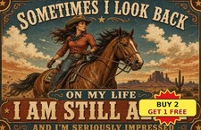 Vintage Cowgirl Horse Silhouette Art Retro Metal Tin Sign Western Room Decor picture