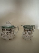 Antique Leuchtenburg Germany Merry Christmas Porcelain SUGAR CREAMER SET Green picture