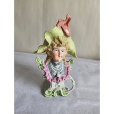 Antique Bisque Porcelain Bust Victorian Lady Figurine Green Hat Pink Plume 10358 picture