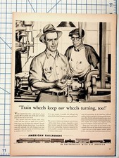 Vintage 1940s-50s American Railroads Ad Train Wheels Factory Workers Santa Fe picture