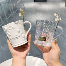 Starbucks Elegant Bellflower Embossed Ceramic Mug/Glass with Stirring Stick picture