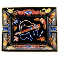Hermès Tray Porcelain Ashtray Change Trinket Oriental Fan Gold Black Vintage 80s picture