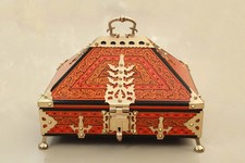 Antique Kerala Treasure Jewelry Box Wooden Mural Painted Brass Trinket Dowry box picture