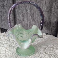 Fenton 95th Anniversary Iridescent Willow Green and Purple Glass Basket 7
