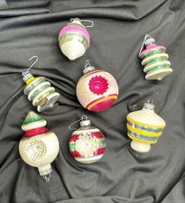 Vintage Shiny Brite Glass Christmas Ornaments Lot 7 Mica Stripe Lantern UFO MCM picture
