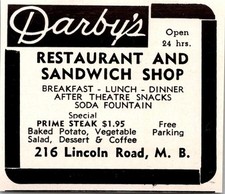Darby's Restaurant & Sandwich Shop 216 Lincoln Road MB 1957 Miami Ad TAK3-S32 picture
