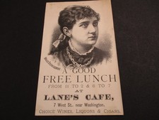 1880'S TRADE CARD ADVERTISING LANES CAFE LIQUORS & CIGARS picture