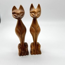 Vintage Hand Carved Wood Siamese Cat Figurines Mid Century Decor picture