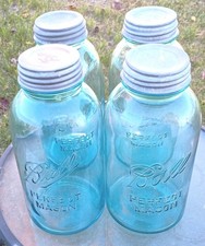 Lot Of 4 VTG Half 1/2 Gallon Ball Blue Perfect Mason Jars w/ Zinc porcelain lids picture