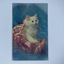 White Long Hair Cat Pink Satin Basket Postcard Unposted Colourpicture picture