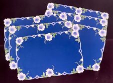 6 Vintage Placemats with Hand Appliqué Flowers in Blue and White YY835 picture