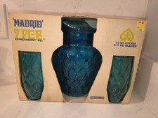 RARE Anchor Hocking Glass Pitcher Madrid/laser Blue With 6 Drinking Tumblers NIB picture