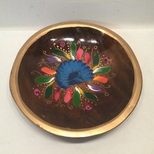 Vintage Folk Art Lacquared Wooden Bowl 7.5” Gold Rim Mexican Hand Painted picture