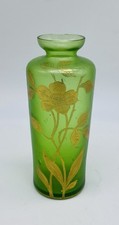 Gorgeous Petite FRENCH Green Satin Glass Gold Gilded Enamel Cabinet vase picture