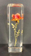 Vtg Real Mini Pink Rose w/ Stem in Lucite/Acrylic Paper Weight Retro Décor Gift picture