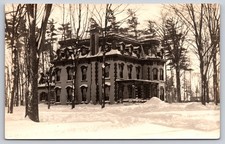 Large Second Empire Mansion Mansard Roof Winter Snow Scene Trees RPPC picture