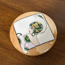 1925 Noritake Art Deco Powder Box Flapper Woman Lady Feathers Hat Ceramic Jar  picture