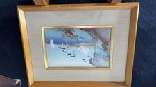 Vintage Japanese Cloisonné Enamel Plaque Mount Fuji Pine Tree Sailboat Framed picture