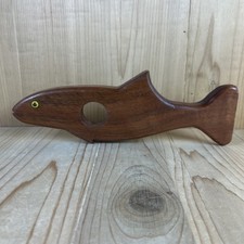 Vintage Fish Figurine Hand Carved Wood Brown Handmade 1970s 11x4 Inch picture