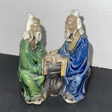 Chinoiserie Asian Men Playing Checkers Figurine Blue Green White 5”T 4”W Mud Men picture