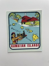 Vtg 1950s Hawaiian Islands Waterslide Travel Decal Souvenir Hula Girl Volcano picture