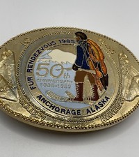 Vtg Anchorage Alaska 1985 Fur Rendezvous Belt Buckle Trapper Golden Anniversary picture