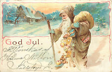 304 Postcard God Jul Santa in Tan Brown Cloak Spills Christmas Gifts on Snow picture