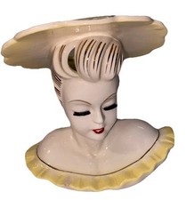 Vintage Napco Lady Head Vase Yellow Hat 6” Japan MCM picture