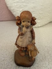 Vintage ANRI Sarah Kay Girl with Ragdoll 4” Hand Carved Wood Figurine Italy picture