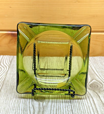 Large Vintage Beautiful Green Glass Square 6x6 Cigar Ashtray Rare Emerald MCM picture