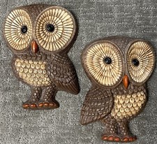 Vintage Owl Set MCM 1970s Kitschy Wall Hanging Decor Art 7x5” picture