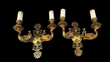 Vintage pair Empire design bronze wall lights sconces swan figural decor picture