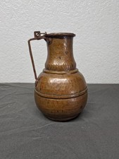 Antique Hand Hammered Copper Pitcher Jug Riveted Handle Ring Topped Primitive Fo picture