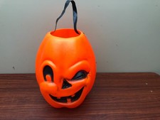 Vintage Winking Halloween Pumpkin Jack O'Lantern Blow Mold Candy Bucket Pail picture