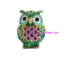 1 Bejeweled Box Green Little Owl Hinged Metal Enameled Crystal Trinket Box picture