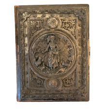 ANTIQUE LATE VICTORIAN LEATHER PHOTO ALBUM HIGH RELIEF METAL COVER C.1880 picture
