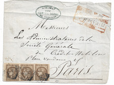 FRANCE BORDEAUX YT 47 - BAND OF 3 ON FRONT LOADED LETTER SIGNED UZAN picture
