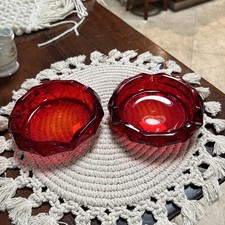 Vntg Cigarette Ashtray MCM Ruby Red Glassware Trinket Jewelry Dish Pair Set Ash picture
