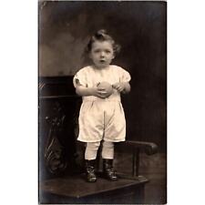 RPPC Adorable Toddler with Toy Ball Standing Azo Vintage Postcard Real Photo picture
