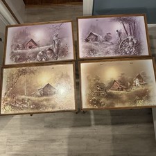 Vintage Set of 4 Andres Orpinas TV Trays Farmhouse Rustic Country Barn Scene MCM picture