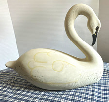 Handmade Carved Wood White Swan Bird Figurine w/ Black Beak, Signed & Dated picture